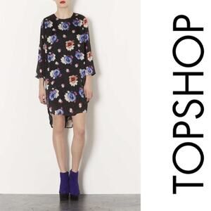 Topshop Shift Dress Women 6 Floral Black Blue Pink High Low Tunic Long Sleeve